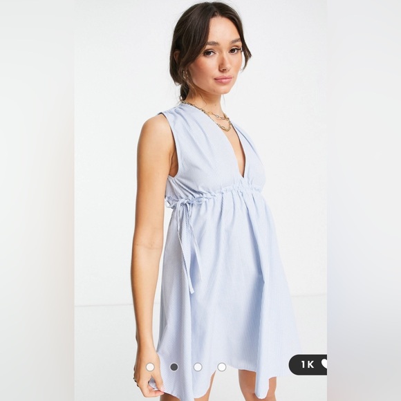 NWT ASOS DESIGN Seersucker Plunge Mini Sundress Ruched Waist Blue & White Stripe - Picture 1 of 8